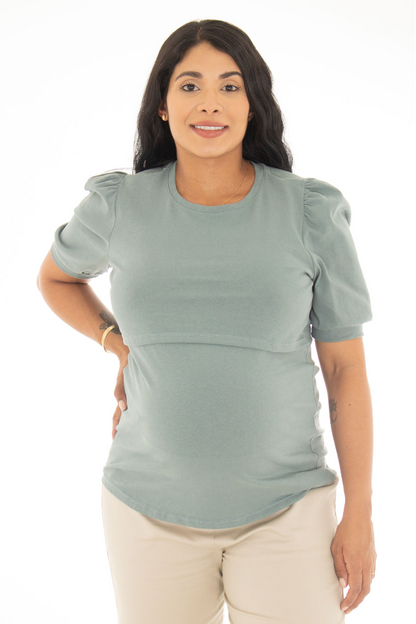 Puff Sleeves Maternity & nursing Top - Light green